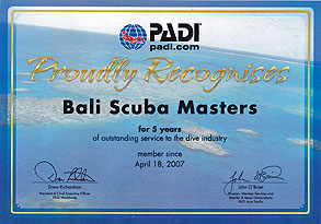 PADI Certificate for Bali Scuba Masters